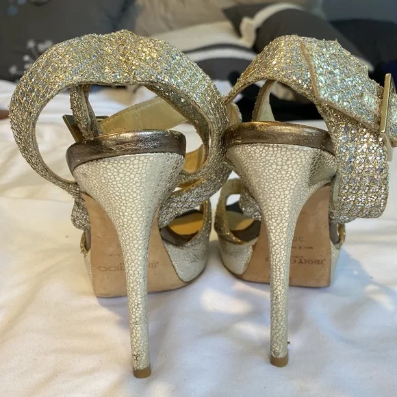 Jimmy Choo Silver Glitter Platform Stiletto Strappy Sandals - Picture 8 of 13